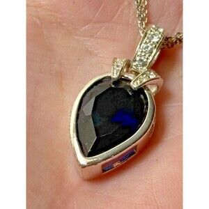 16” 3 Strand Silver Tone Faux Blue Sapphire & Crystal Pear Necklace 2” Extension